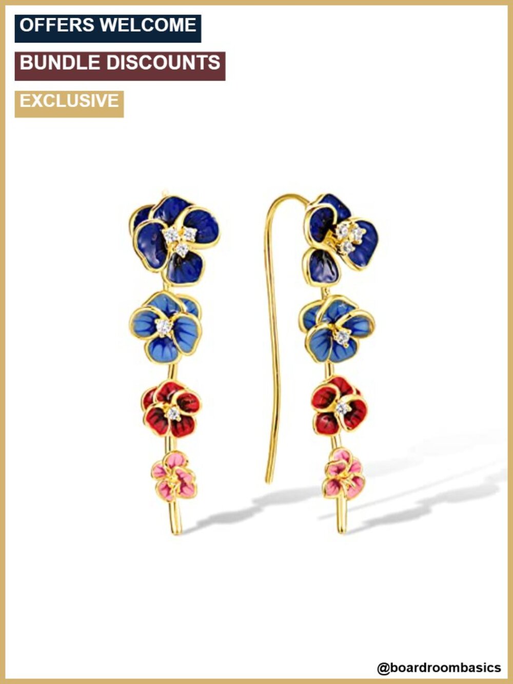 925 Sterling Silver Enamel Flower Ear Cuffs Climber Earrings